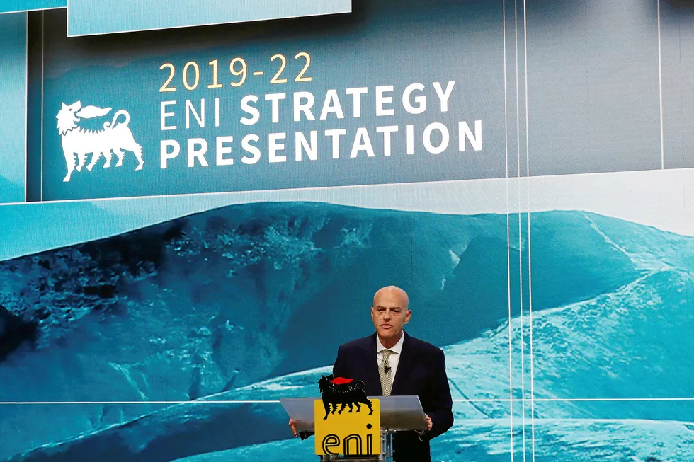 Looking ahead: Eni chief executive Claudio Descalzi delivers his speech in Milan outlining the company's project plans for the next few years