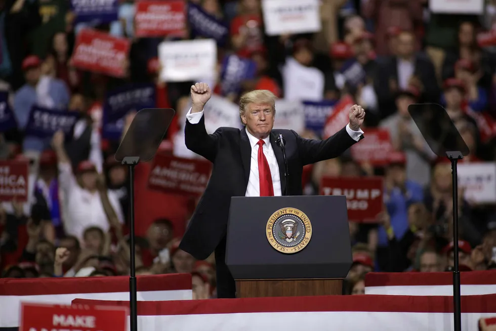 President Donald Trump har for lengst startet valgkampen til 2020, her på et folkemøte i Green Bay, Wisconsin nå i helgen.
