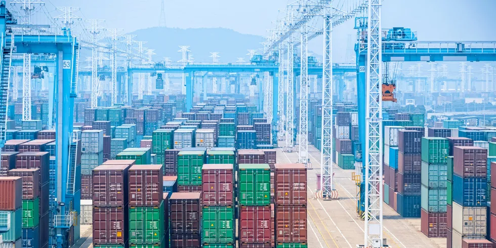 Containers in the Port of Ningbo-Zhoushan in Zhejiang province, China. The global shipping industry is facing unprecedented demand, and constrained volume.