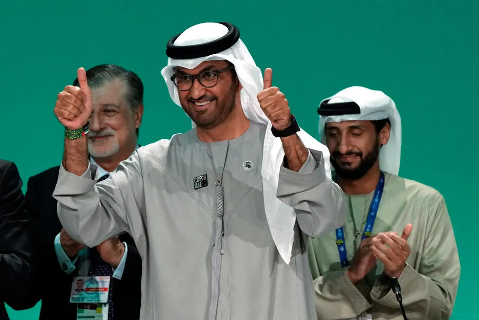 Happy days: COP28 President Sultan Al Jaber gestures at the end of the summit in Dubai