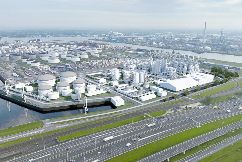 A rendering of the e-fuels hub at the Port of Rotterdam.