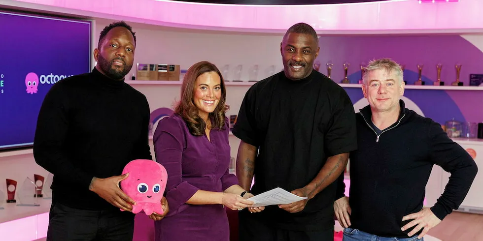 Left to right: Siaka Stevens, Zoisa North-Bond, Idris Elba and Octopus Energy CEO Greg Jackson