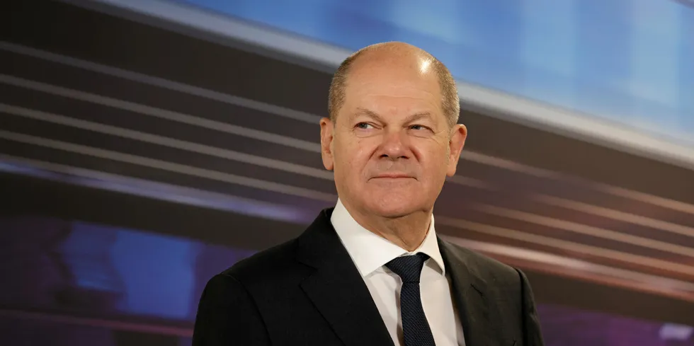 German Chancellor Olaf Scholz at recent factory visit in Berlin.