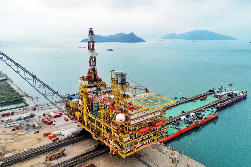 Progress: the central platform for CNOOC’s Dongfang 13-2 field development project is loaded onto a barge at the COOEC-Fluor fabrication yard, destined for the western South China Sea