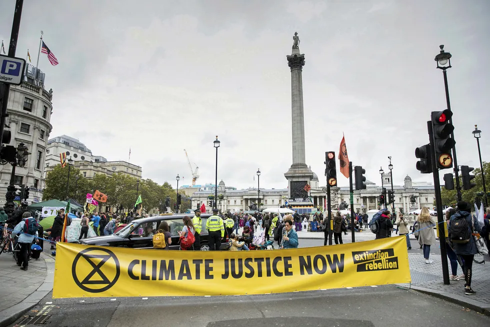 Growing challenge: an Extinction Rebellion banner blocks the road to Trafalgar Square in London in the UK