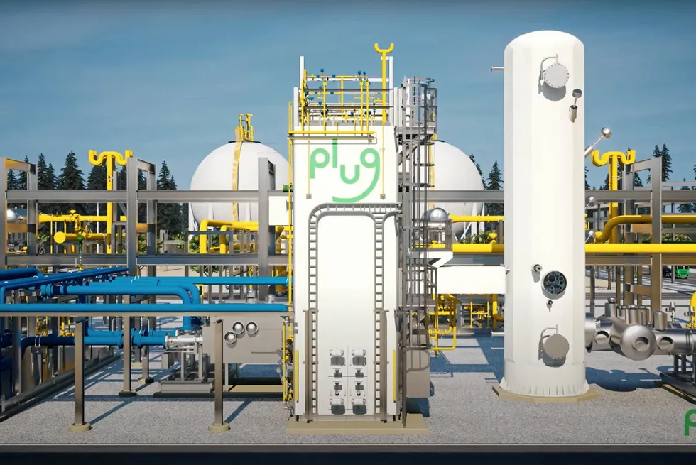 A still from a Plug Power animation showing a rendering of the company's 'ultra-efficient' liquefaction technology