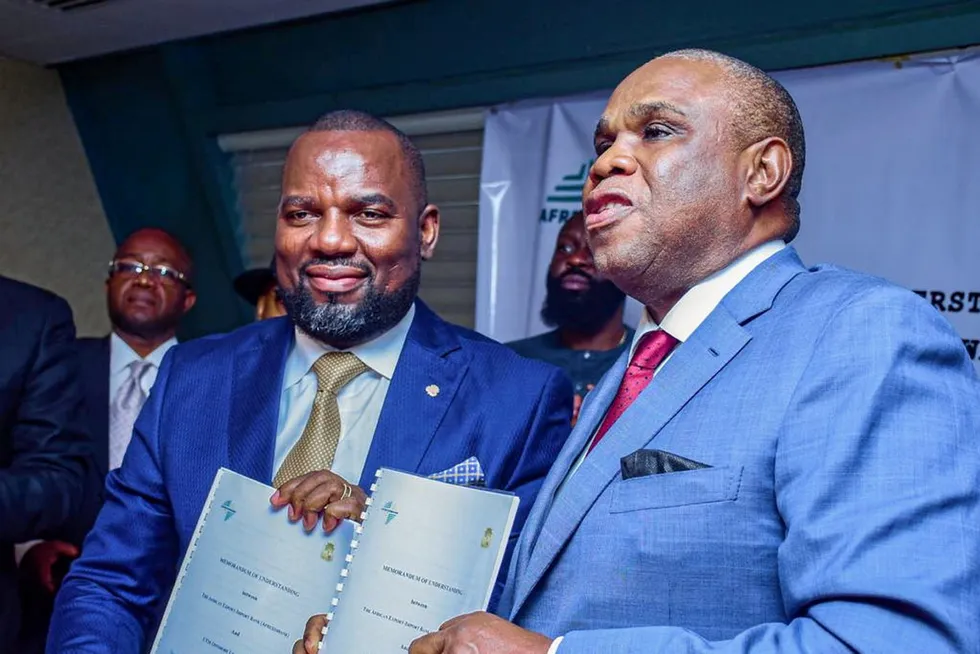Finance deal: UTM Offshore chief executive Julius Rone (left) and Afreximbank chairman Benedict Oramah at a signing ceremony in Abuja.