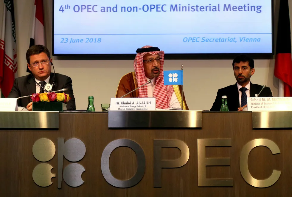 Producer meeting: Russian Minister of Energy Alexander Novak, Khalid Al-Falih Minister of Energy, Industry and Mineral Resources of Saudi Arabia and Minister of Energy of the United Arab Emirates Suhail Mohamed Al Mazrouei attend a news conference after Saturday's meeting