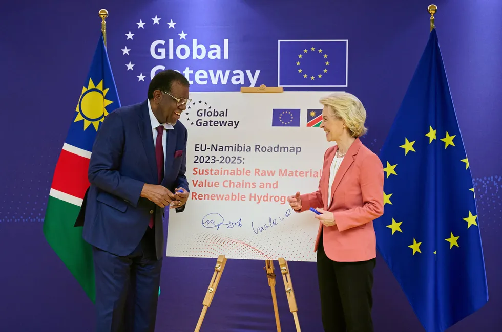 The late Namibian president Hage Geingob (who died on Sunday) and European Commission President Ursula von der Leyen at a signing ceremony in Brussels last October for a strategic partnership on renewable hydrogen and raw materials.