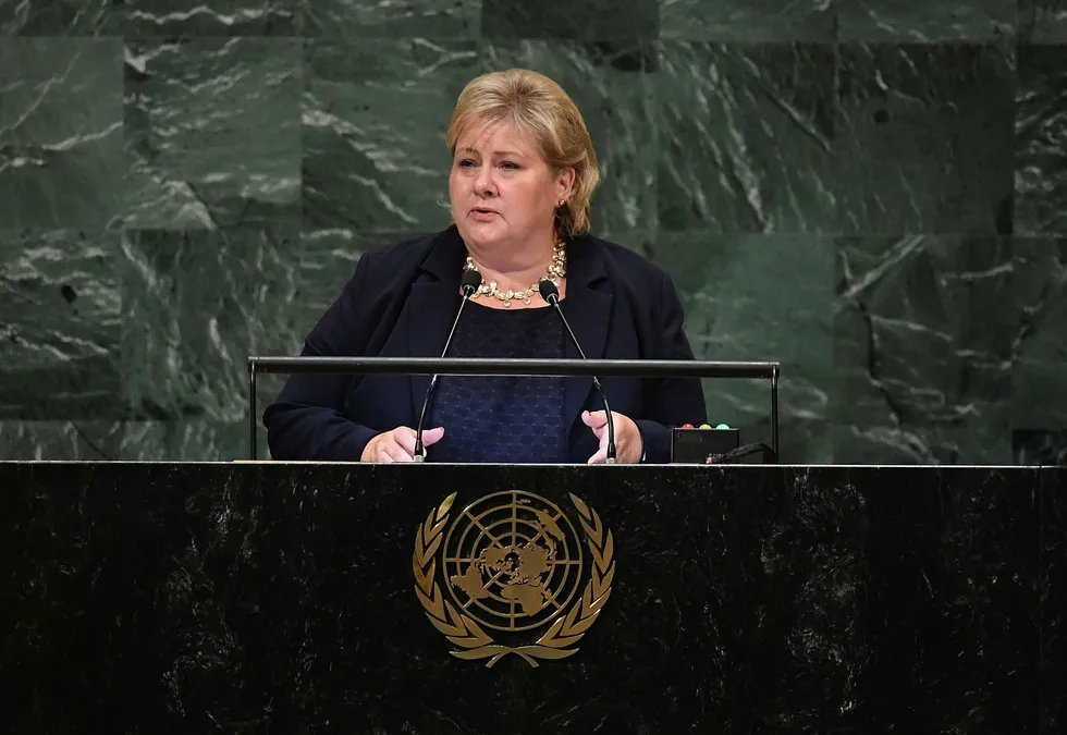 Statsminister Erna Solberg talte i FNs hovedforsamling onsdag.