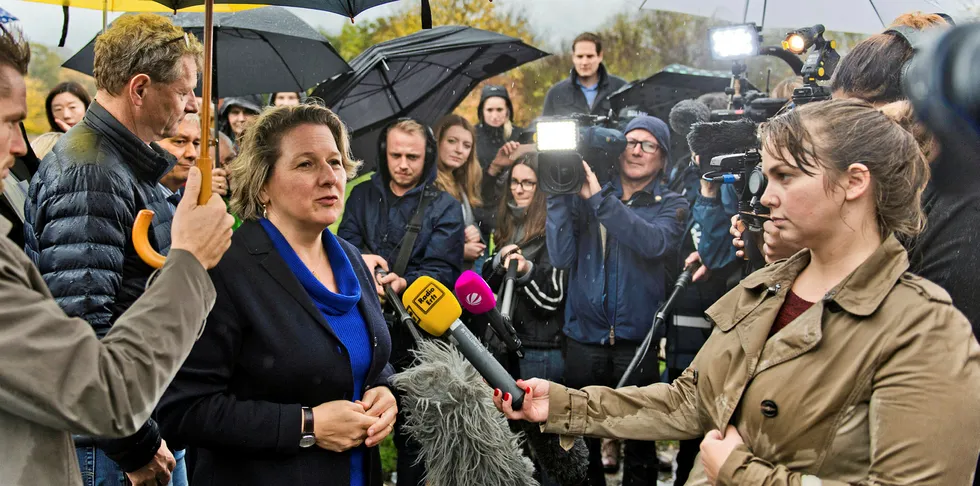 Environment Minister Svenja Schulze talks to the media at the opening of a test-track of solar panels embedded into a bike path on November 12, 2018 in Erftstadt, Germany.