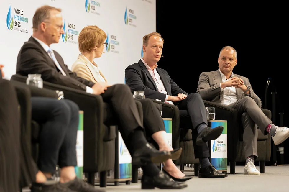 Left to right: Axel Wietfeld, chief executive of Uniper’s hydrogen business; Olivia Breese, chief executive of Ørsted’s power-to-X division; Marcel Galijee, CEO of HyCC; and Werner Ponikwar, CEO of Thyssenkrupp Nucera, speaking at the World Hydrogen Summit in Rotterdam on Wednesday,