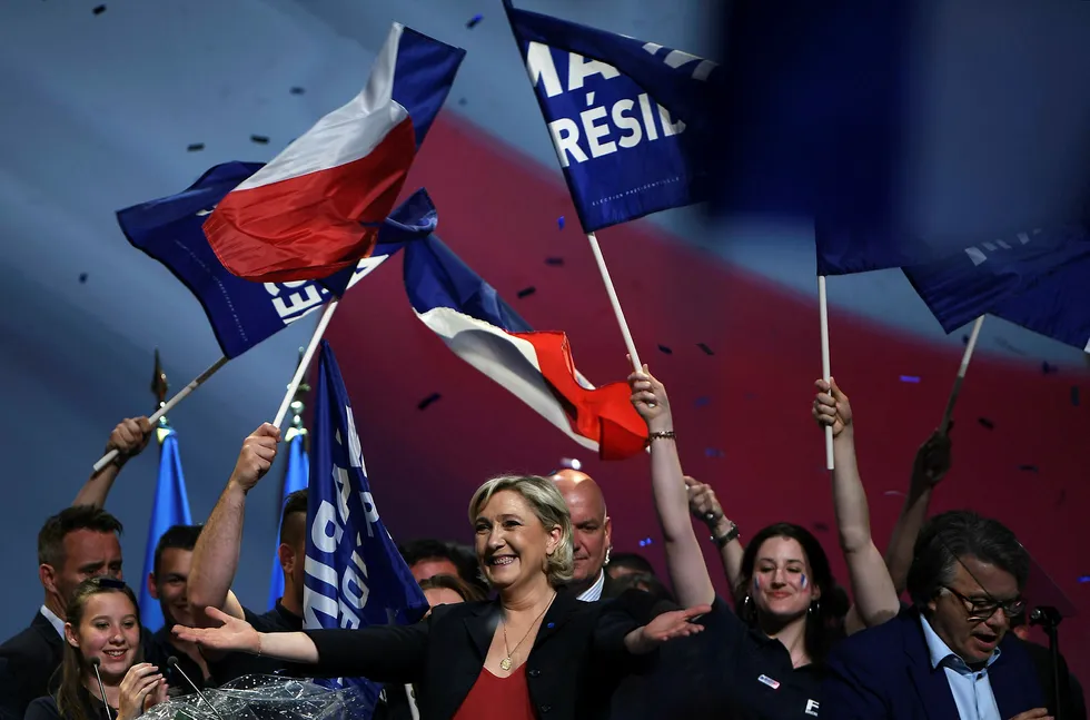 French presidential election candidate for the far-right Front National (FN) party Marine Le Pen reacts at the end of a campaign meeting on April 19, 2017, in Marseille, southern France. / AFP PHOTO / ANNE-CHRISTINE POUJOULAT Foto: ANNE-CHRISTINE POUJOULAT