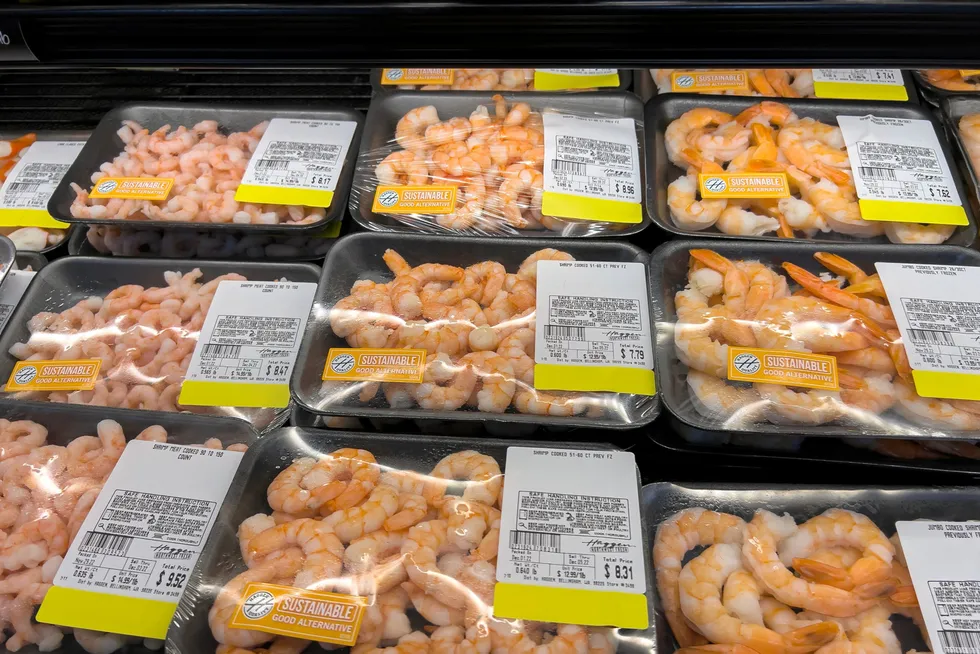 Woodinville, WA USA - circa December 2022: Close up, selective focus on packaged raw shrimp for sale in the refrigerated section of a Haggen grocery store. . shrimp retail supermarket fresh monterey bay seafood watch good alternative.