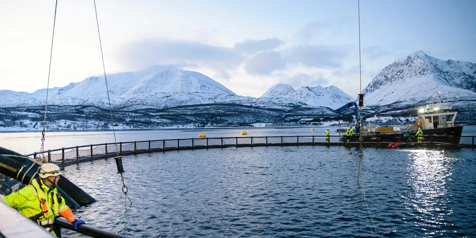 A salmon farming site operated by Leroy Seafood in Lyngenfjorden, Norway.