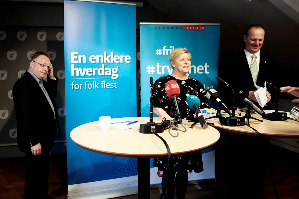 Frp-leder Siv Jensen holdt onsdag en pressekonferanse i forkant av landsmøtet til partiet. Foto: Håkon Mosvold Larsen/NTB scanpix