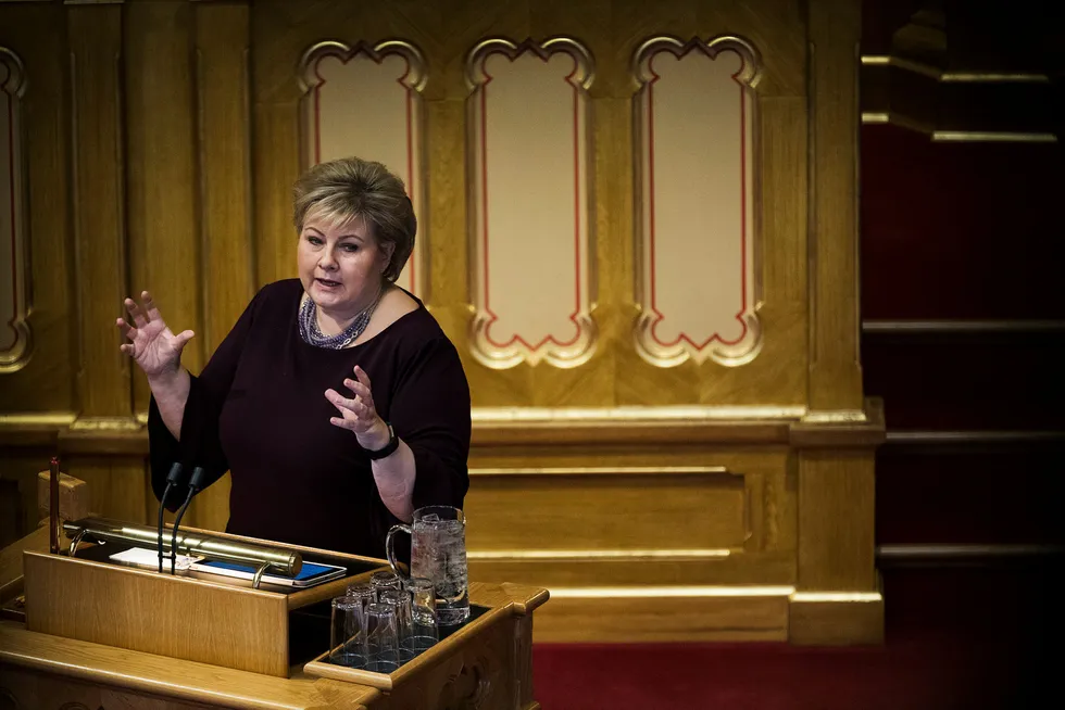 Statsminister Erna Solberg i Stortingssalen. Foto: Per Thrana