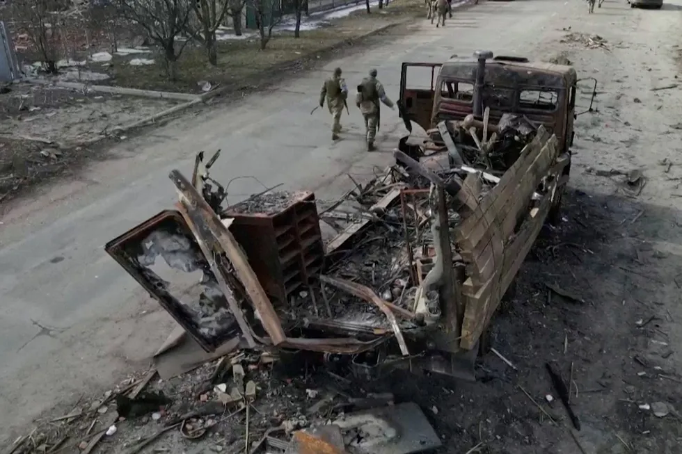Destruction: a drone image of a destroyed vehicle amid Russia's ongoing invasion of Ukraine, in Klymentove, Ukraine