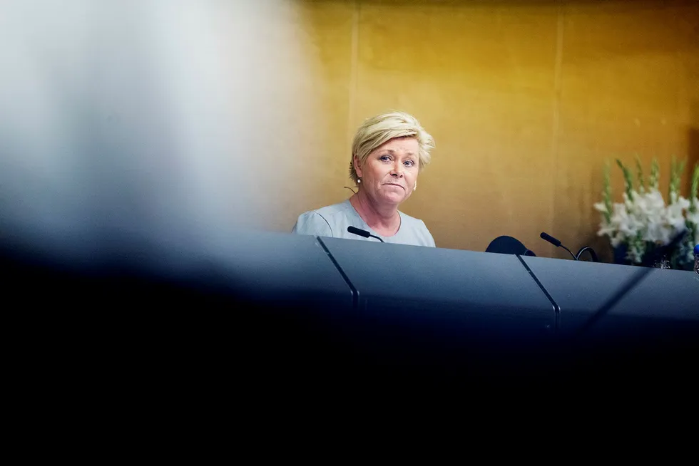 Tirsdag la finansminister Siv Jensen frem revidert statsbudsjett. Foto: Per Thrana