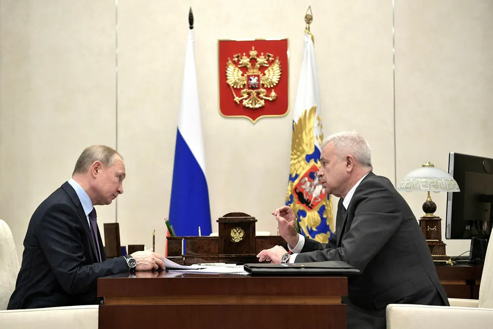 Attention: Russian President Vladimir Putin meets with Russia's Lukoil chief executive Vagit Alekperov on 28 January 2020