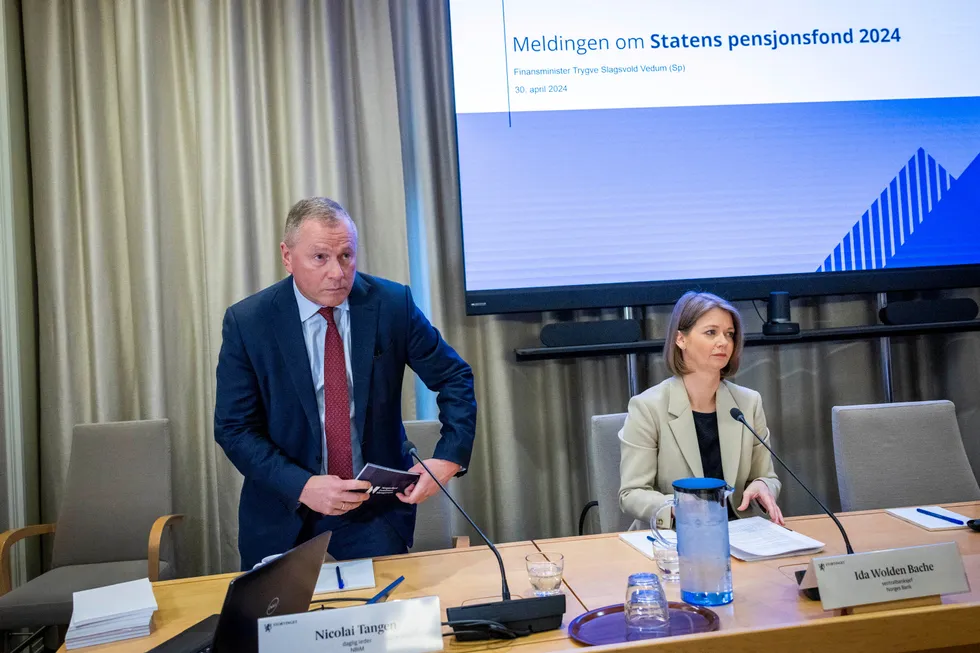 Sentralbanksjef Ida Wolden Bache og oljefondssjef Nicolai Tangen under Stortingets høring om statens pensjonsfond.