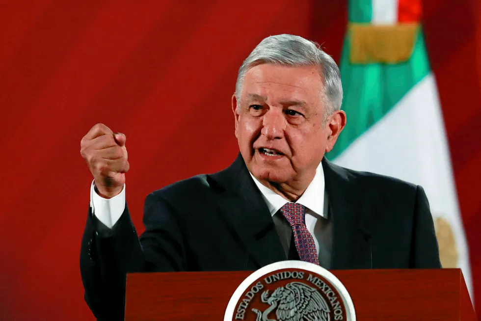 Taking aim: Mexico's President Andres Manuel Lopez Obrador attending a news conference at the National Palace in Mexico City