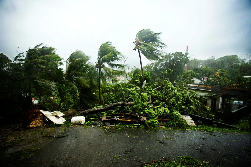 Kraftig vind og regn fra orkanen Maria traff byen Peitit-Bourg i den franske regionen Guadeloupe i Karibia tirsdag. Maria er vokst til en kategori 5-orkan og kan føre til store ødeleggelser på øya som allerede er herjet av orkanen Irma. Foto: Cedrik-Isham Calvados/AFP/NTB Scanpix