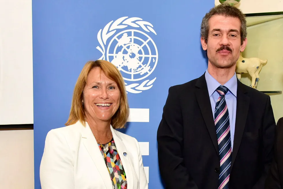 Tidligere UNOPS-leder Grete Faremo og hennes daværende nestleder, Vitaly Vanshelboim.
