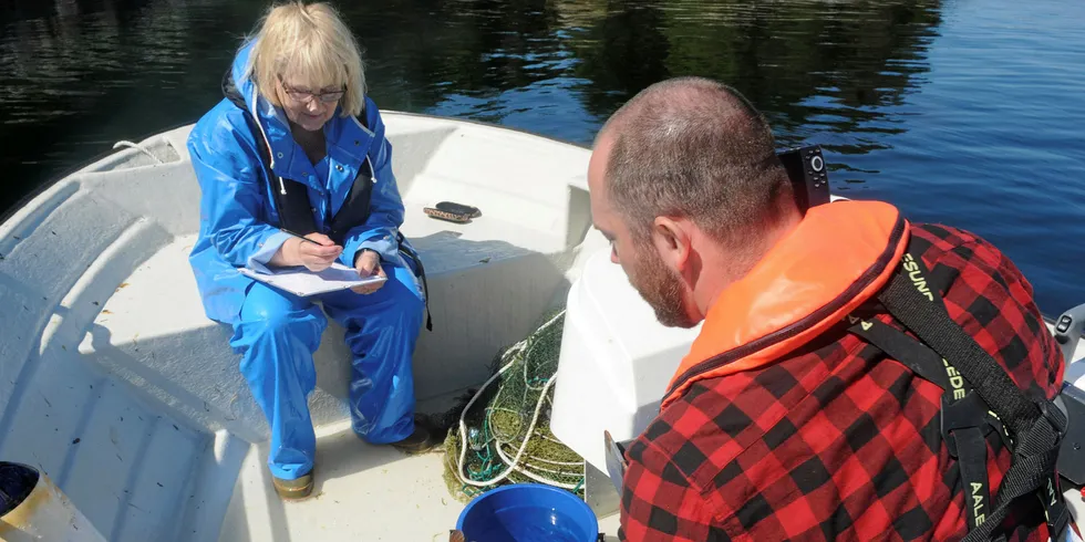 Forsker Anne Berit Skiftesvik og tekniker Steven Shema ved forskningstasjonen til Havforskningsinstiuttet i Austevoll. Forskerne gjør gyteundersøkelser av leppefisk en gang i uka fra begynnelsen av mai til gytinga er over.