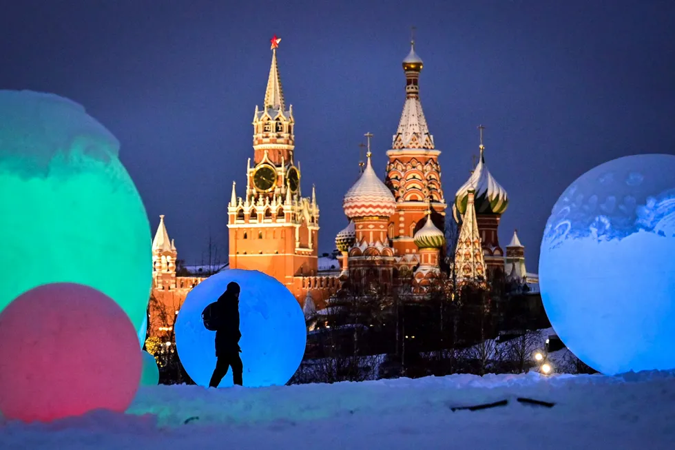 Falling deliveries: New Year decorations near the Saint Basil cathedral in Moscow