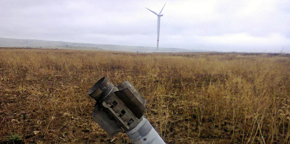 A missile near a wind farm in Ukraine.