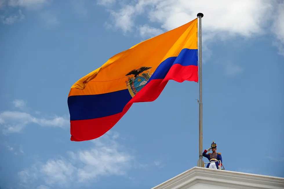 Quito: a military member salutes alongside an Ecuadorean flag in the Andean nation's capital