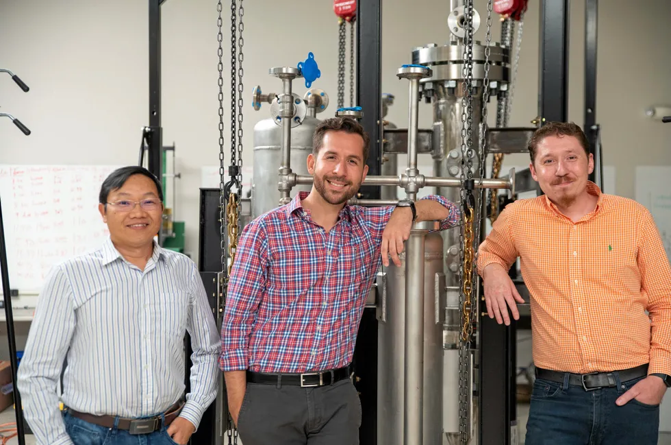 From left to right: GenHydro chief R&D engineer Dong Nguyen, CEO Eric Schraud and chief marketing officer and co-founder Matthew Schraud, with their unique reactor system.