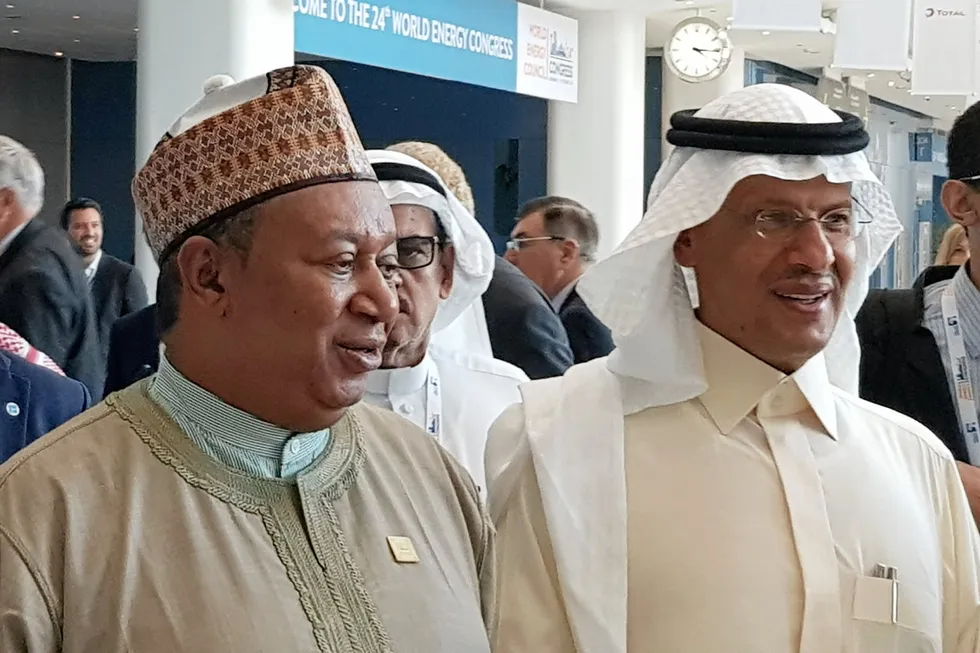 Key meeting: of Opec+ this week. (Pictured: Opec secretary general Mohammed Barkindo and Saudi Arabia's Energy Ministry Prince Abdulaziz bin Salman)