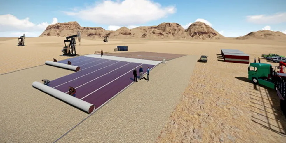 A rendering of HyET's thin-film solar modules being rolled out in a desert.