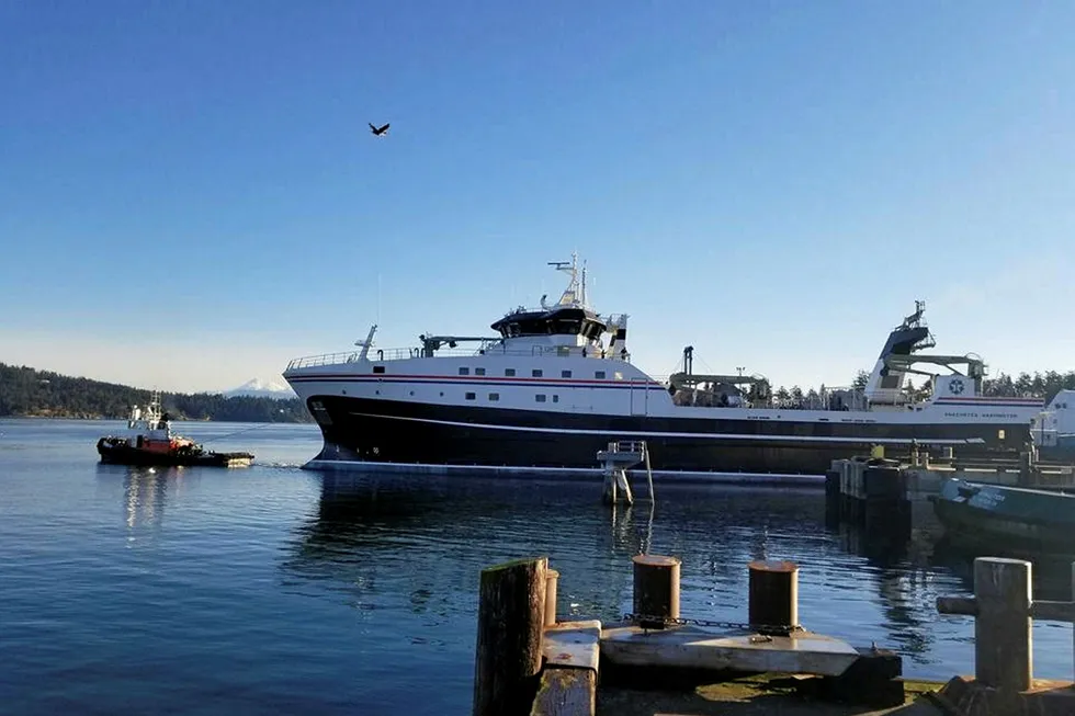 America's Finest sets sail for the first time from Anacortes, Washington.