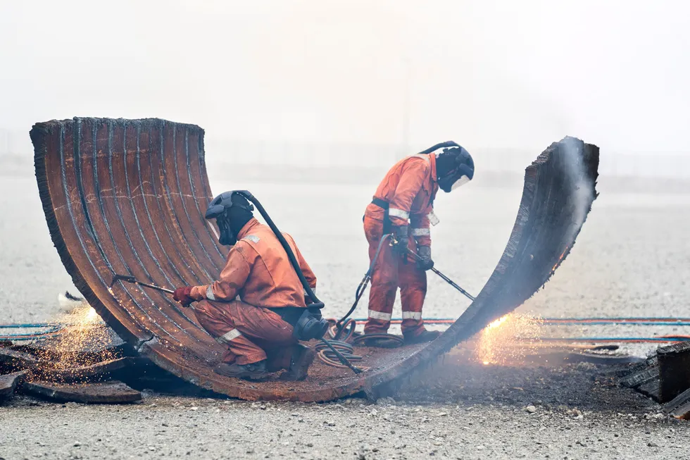 Scrapping and recycling: decommissioned structures from the Tyra field offshore Denmark.