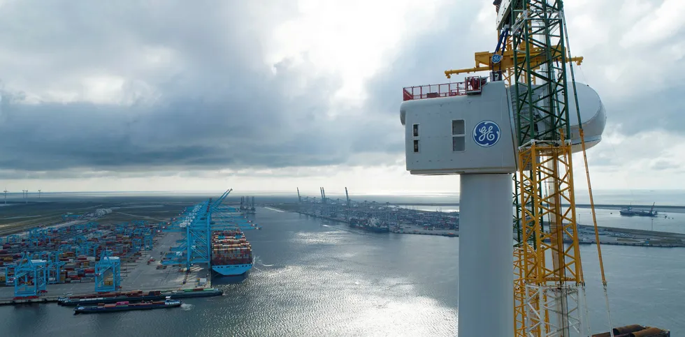 The world's largest wind turbine, GE's Haliade-X, under construction in Rotterdam.
