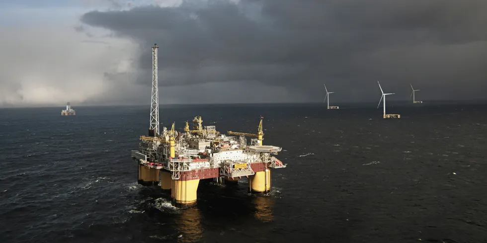 CGI of Odfjell Oceanwind's floating wind units in operation as part of an offshore oil & gas decarbonisation project