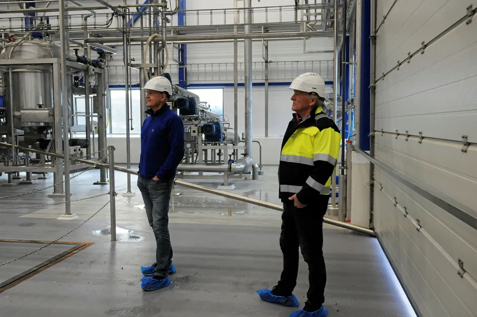Pelagia Factory Manager Rune Gangsoy and quality manager for Pelagia's fishmeal and oil factories in Norway, Arve Hjelle.