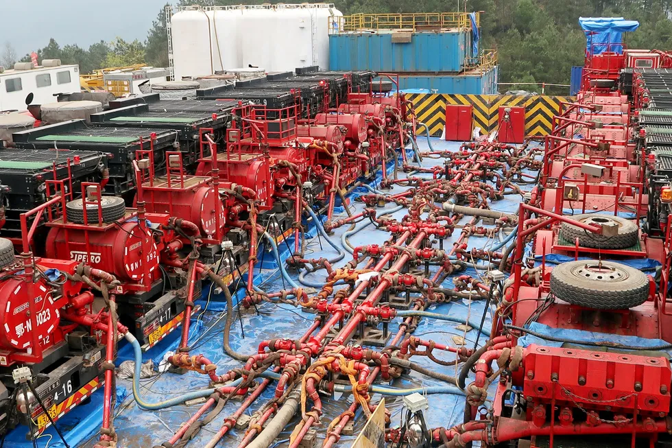 At work: fracking trucks are seen at a Sinopec shale gas well in Nanchuan, Chongqing
