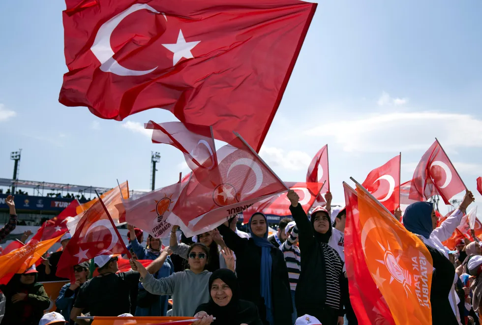 Viva the president: supporters of Turkey’s ruling People’s Alliance party attend an election rally campaign for President Recep Tayyip Erdogan, who is running for re-election.