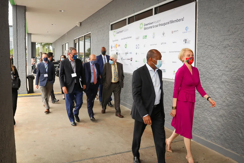Lab tour: Houston Mayor Sylvester Turner Greentown Labs chief executive Emily Reichert lead a tour during the grand opening of Greentown Labs: Houston