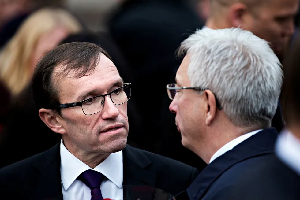 Arbeiderpartiets klimapolitiske talsperson Espen Barth Eide (til venstre) fikk sin tidligere statsrådskollega, nå sjef i Norsk olje og gass, Karl Eirik Schjøtt-Pedersen til å miste fatningen sist uke.