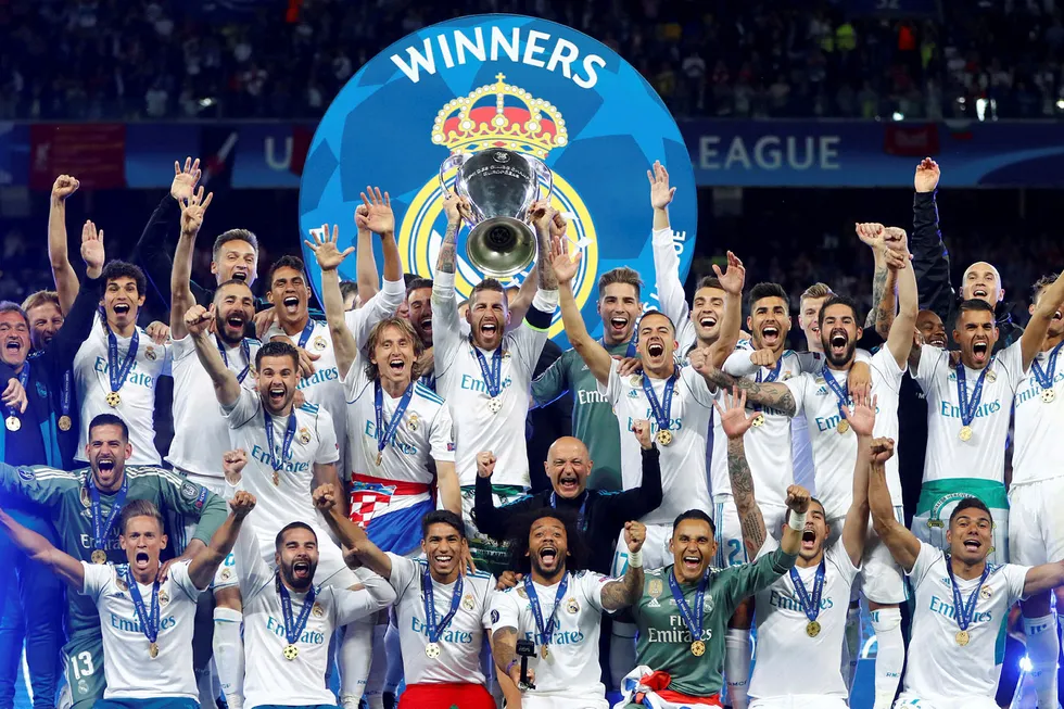 Det spanske fotball-laget Real Madrid, her etter finaleseieren over Liverpool i Champions League, Kiev, 2018.