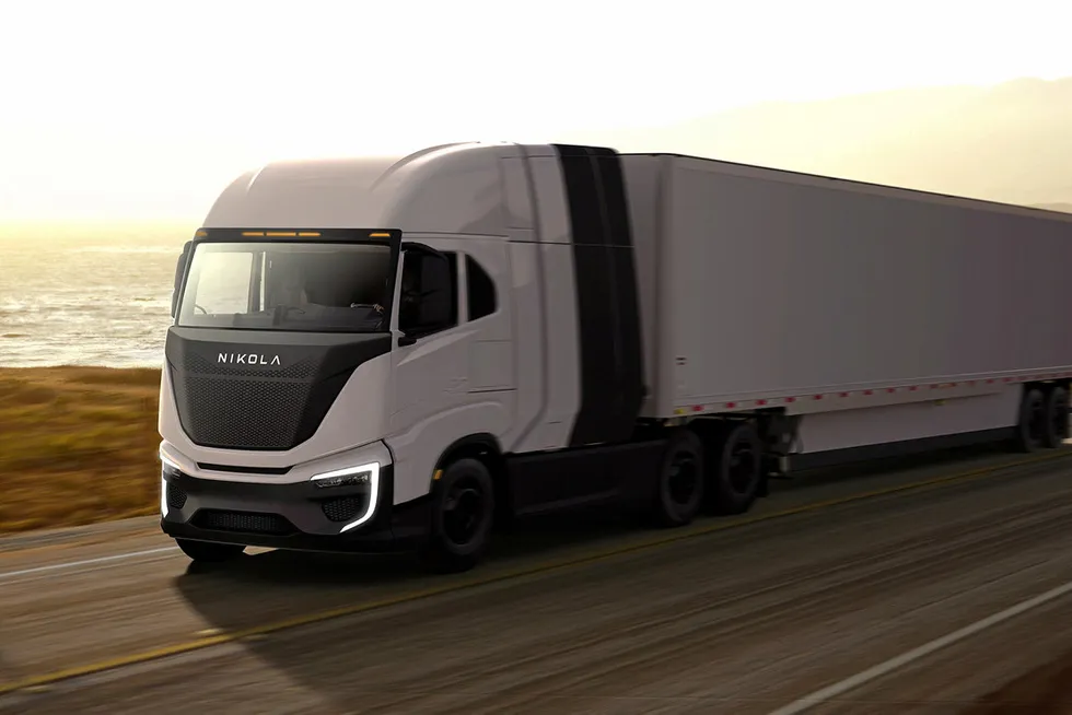 A promotional image of Nikola's hydrogen-powered Tre FCEV truck.