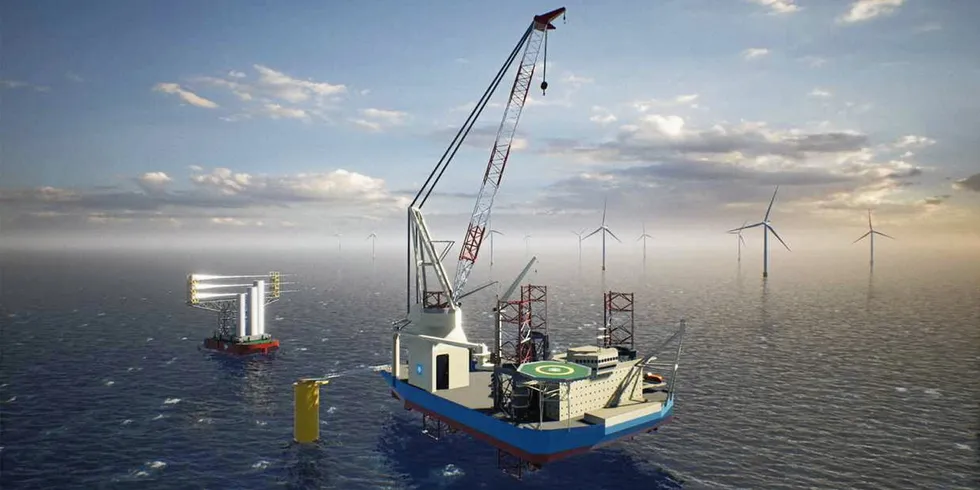 Sameksistens er nøkkelen til å lykkes med havvind, skriver Arvid Nesse, leder for Norwegian Offshore Wind. Bildet viser installasjonsfartøy havvind med teknologi fra Kongsberg Maritime.