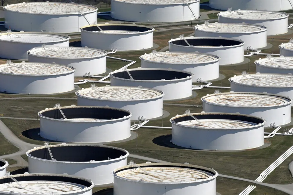 Crude oil storage tanks are seen from above at the Cushing oil hub in the US