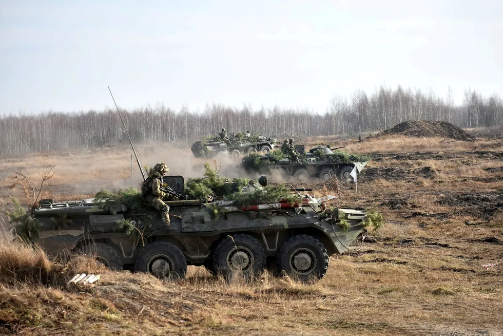 Ukrainske styrker med militærøvelse i forrige uke i Zhytomyr-regionen.