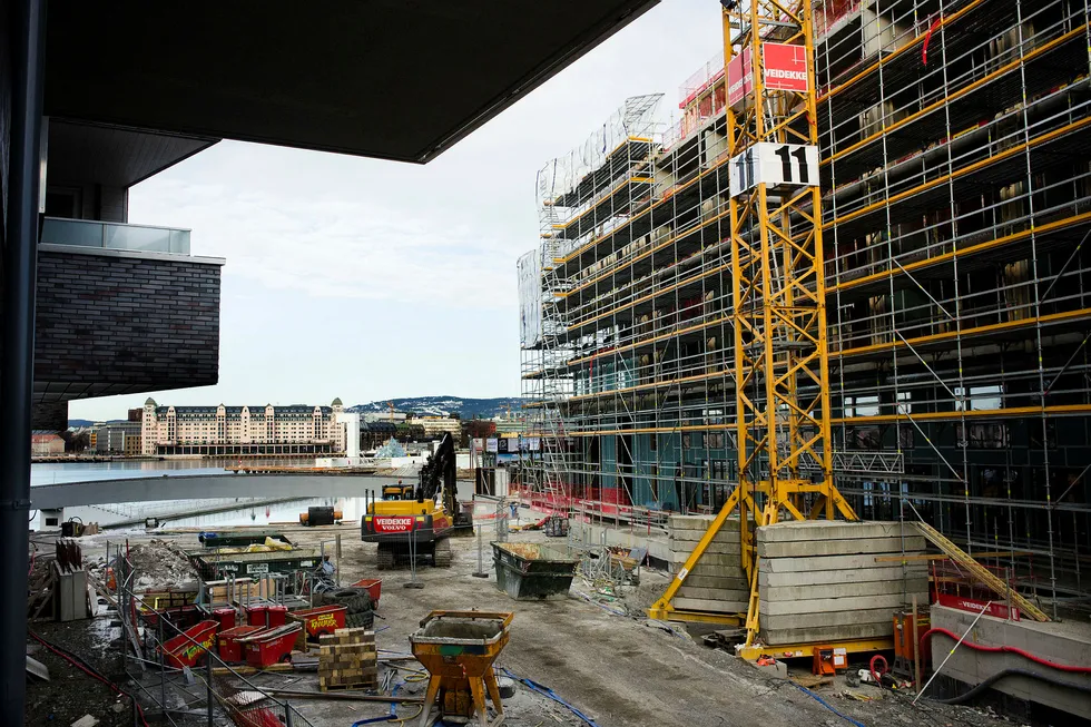 Avbildet er et byggeprosjektet under oppføring på Sørenga i Oslo. Foto: Per Ståle Bugjerde